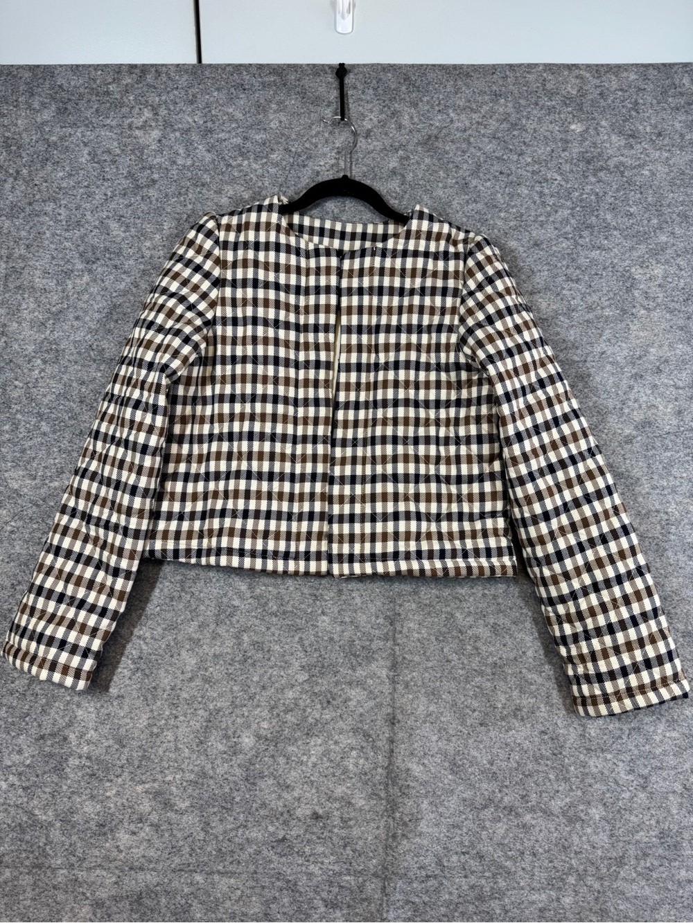 House of Harlow 1960 Plaid Crop Jacket Cream Black Medium Open Front Blazer Luxe